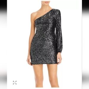 BB Dakota Sequin Skater Sparkle One Shoulder Mini Dress Metallic Black Sz M